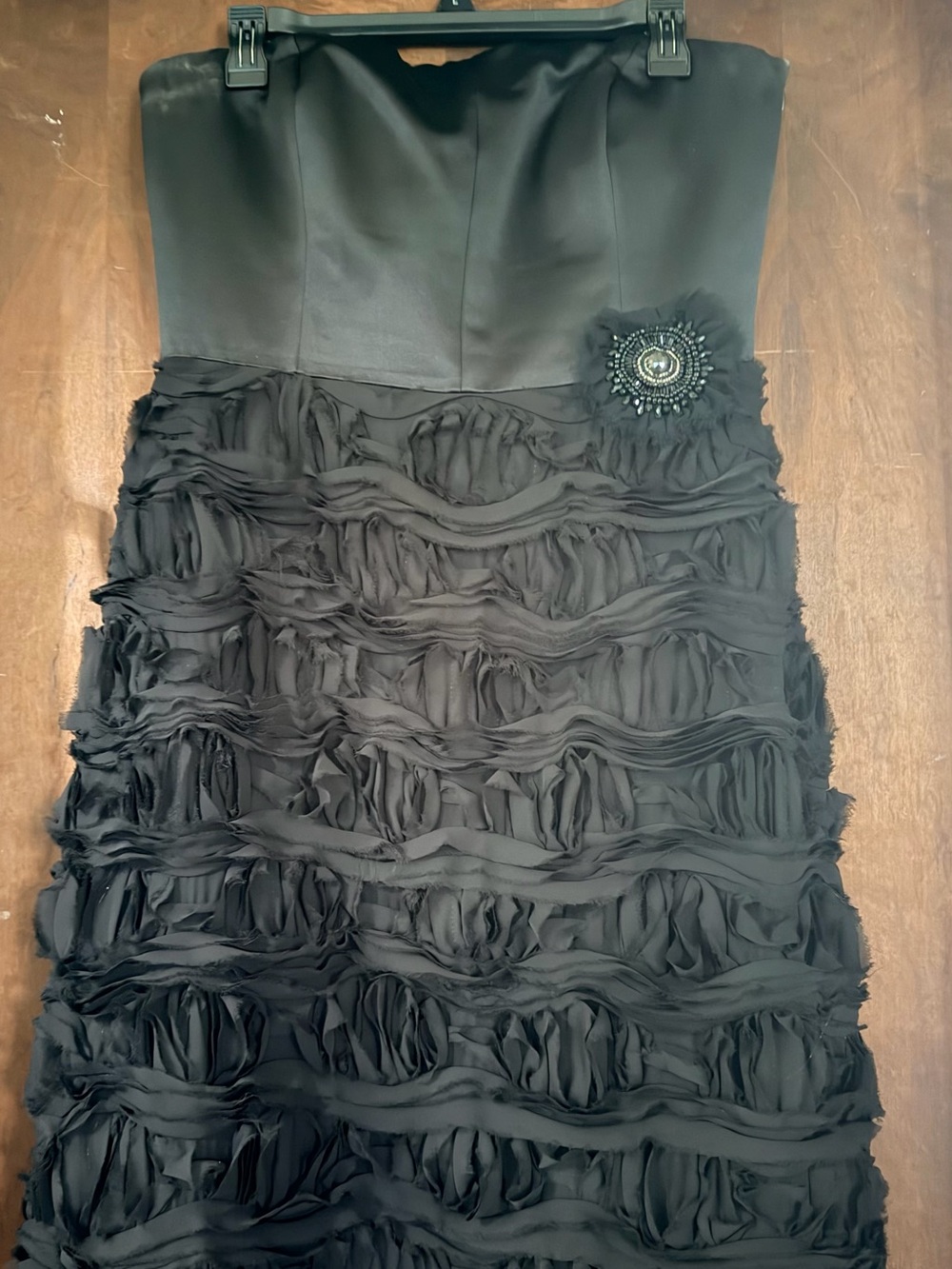 Tahari Strapless Black Ruffle Cocktail Dress with Beaded Brooch